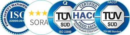 Five logos in a row display certifications: ISO 22000:2018, SORA, TÜV SÜD ISO 22000, HACCP, and TÜV SÜD. Each logo features blue color and round design elements.
