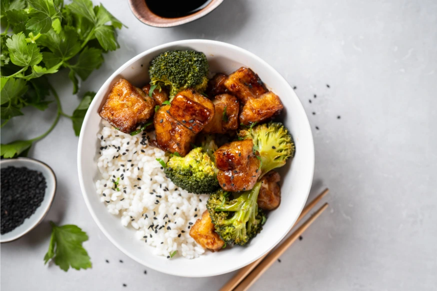 Tofu and broccoli rice bowl