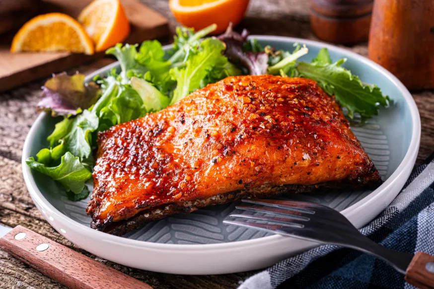 Teriyaki baked salmon with side salad