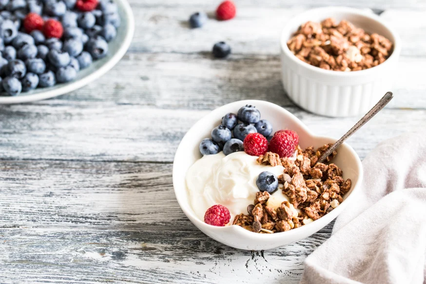 Bowl of Greek yoghurt, oats and blurberries